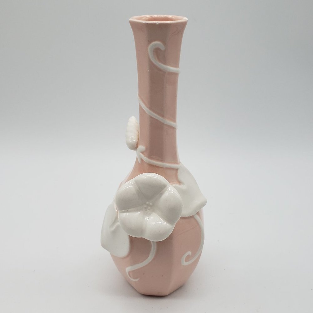 Fitz & Floyd 1982 Ceramic Pink Pastel 3D White Applied Florals Bud Vase AS IS